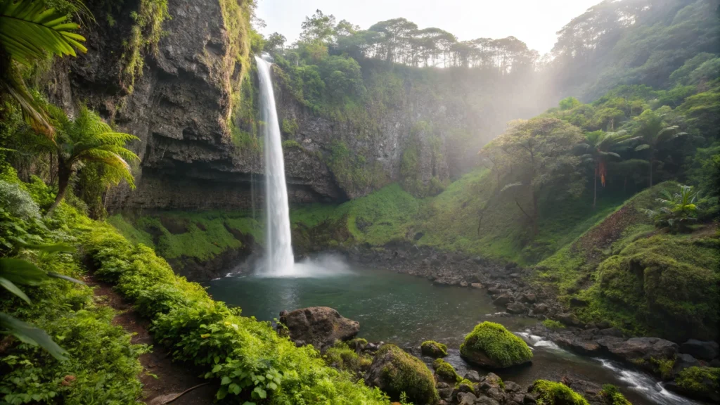 150-foot Manoa Falls cascading down moss-covered rock face surrounded by lush rainforest