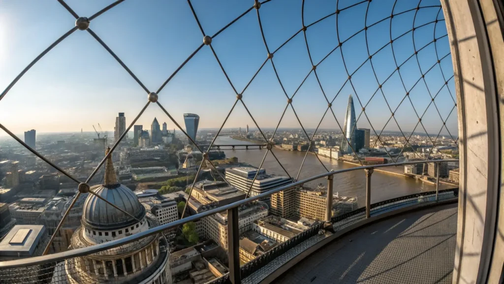 360-degree panoramic view from the Monument's viewing platform showing London skyline with St. Paul's Cathedral, Tower Bridge, skyscrapers, and River Thames, with protective cage visible.