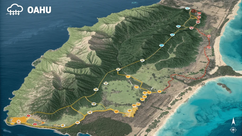 3D topographic map of Oahu with color-coded hiking trails marked according to difficulty