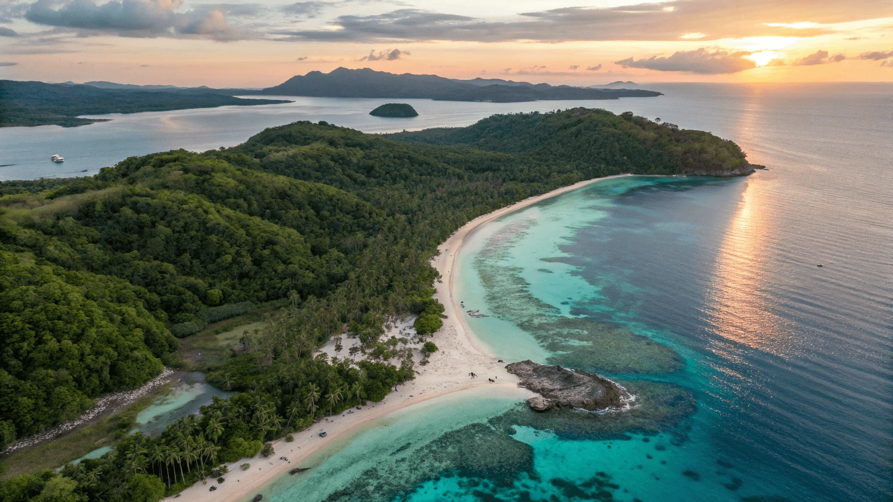 Aerial view of Tinuse Island in Basilan, Philippines, with lush greenery and crystal-clear waters.