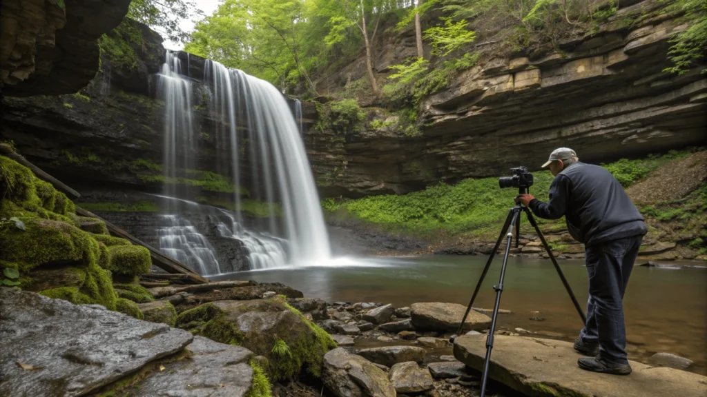 Photographer using tripod and DSLR camera with filters to capture Honey Run Waterfall, demonstrating long exposure technique visible on camera screen.