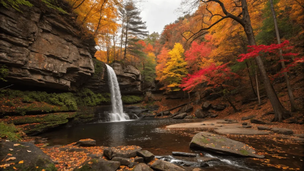Honey Run Waterfall in autumn with vibrant red and yellow maple leaves contrasting against dark green hemlocks, fallen leaves visible in the plunge pool.