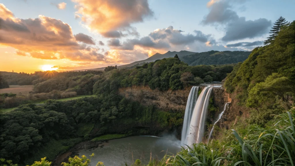 Breathtaking sunrise view of Wailua Falls with golden light illuminating the twin cascades and surrounding landscape