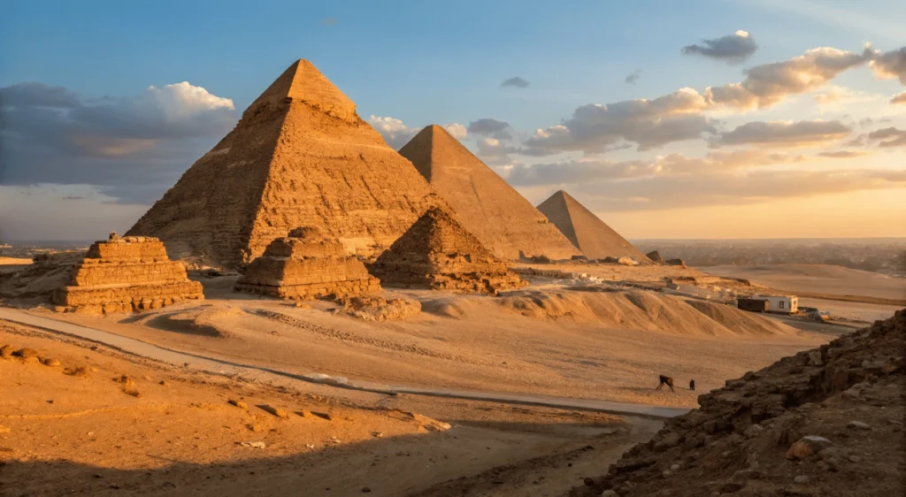 The three pyramids of Giza illuminated by golden sunset light with long shadows stretching across the desert sand, pyramid egypt