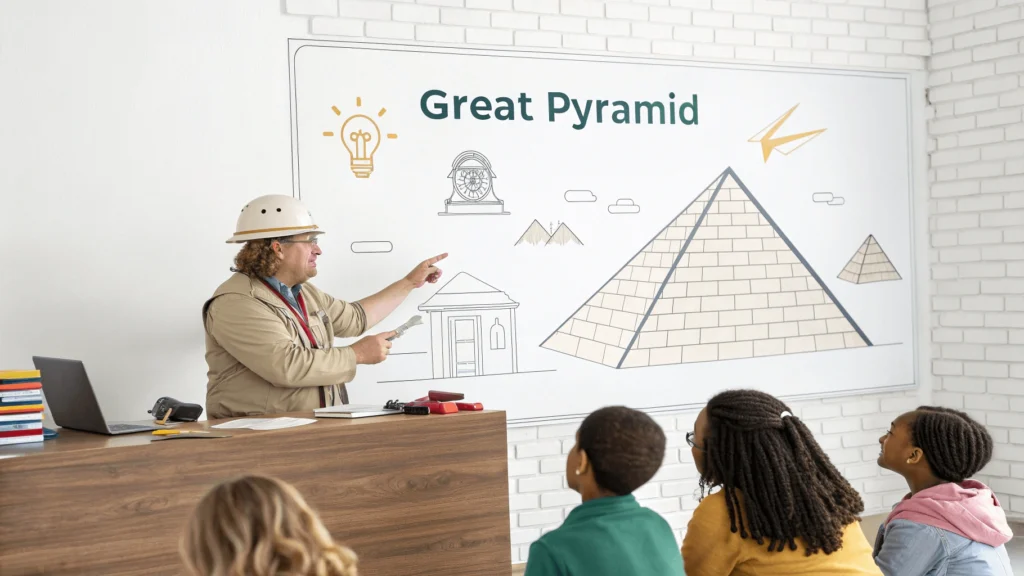 Archaeologist addressing visitor questions with educational pyramid diagram showing construction details and labeled components