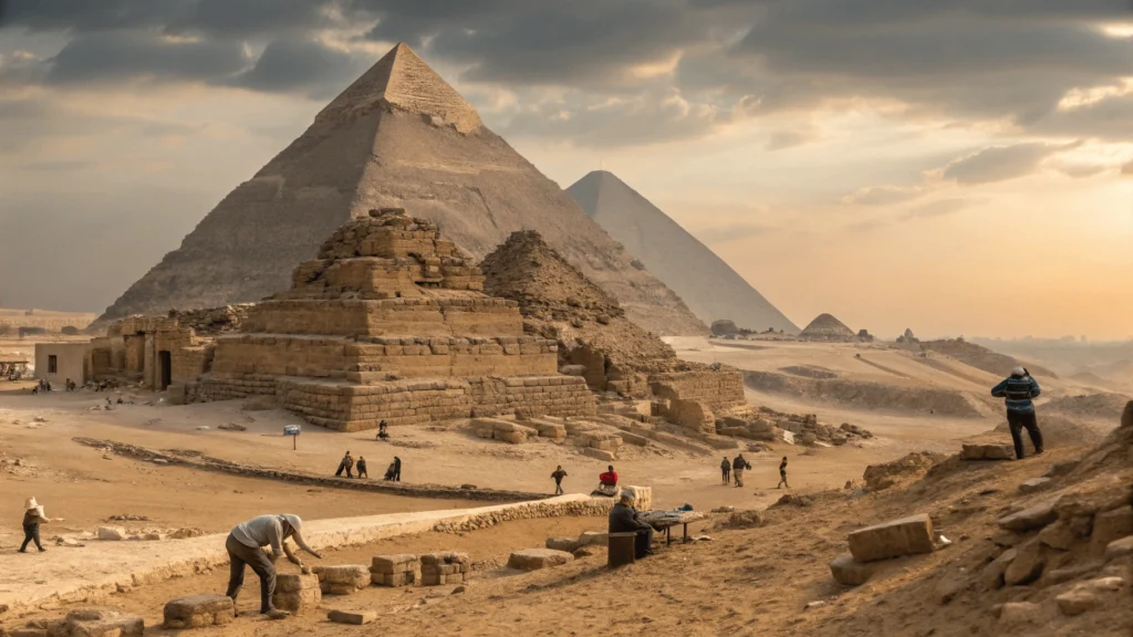 Early morning scene at Giza plateau entrance showing tourists purchasing tickets, proper attire for visiting, and pyramid complex in background