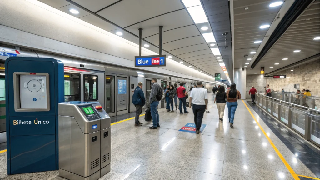 Modern São Paulo metro station with passengers boarding a Blue Line 1 train, featuring digital signage and a Bilhete Único card machine.