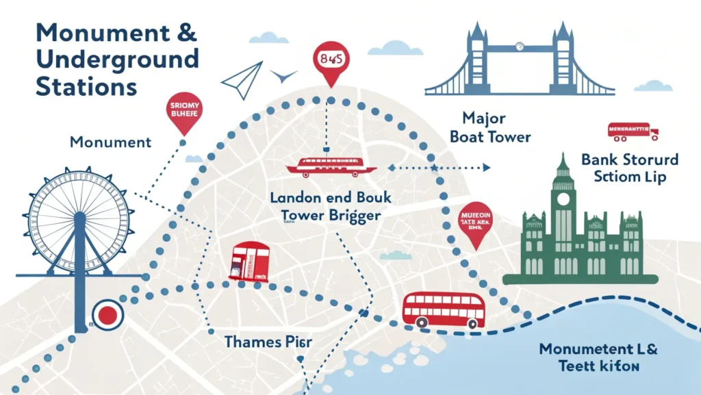 Map showing the Monument location with nearby tube stations, bus stops, walking routes from major landmarks, and River Thames.