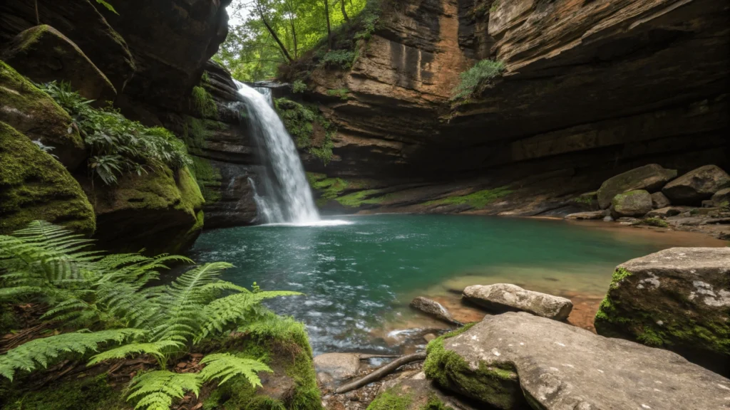 Close-up of Honey Run Waterfall's plunge pool with water crashing into clear basin, surrounded by moss-covered rocks and ferns.