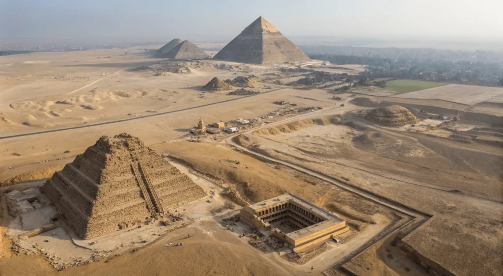 Pyramid of Khafre with remaining limestone casing at its peak and the Great Sphinx in foreground at sunset
