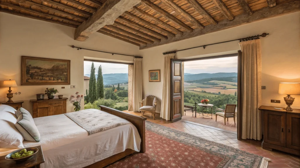 Four different Tuscan accommodations: historic palazzo hotel, rustic agriturismo, luxury villa with pool, and cozy B&B