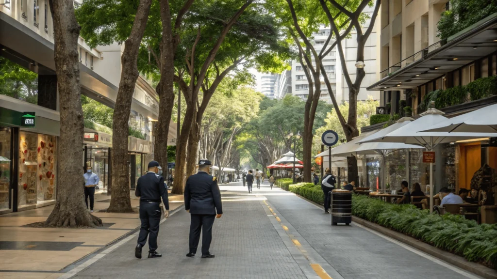 Daytime street scene in São Paulo's Jardins neighborhood showing pedestrians on tree-lined Rua Oscar Freire with boutiques and security personnel.