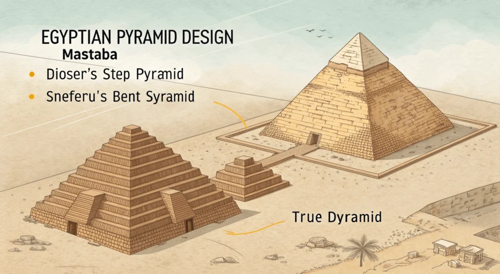 Infographic showing evolution of Egyptian pyramid designs from mastaba to true pyramid with cross-sections revealing internal structures
