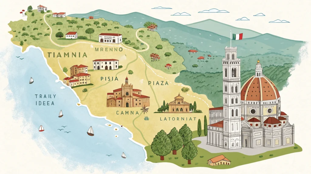 Illustrated map of Tuscany showing provinces, landmarks, geographical features, and cultural icons