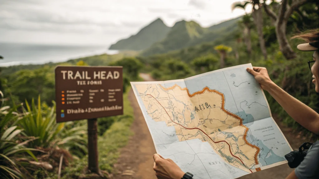 Hiker holding detailed trail map of Oahu at trailhead with vegetation in background