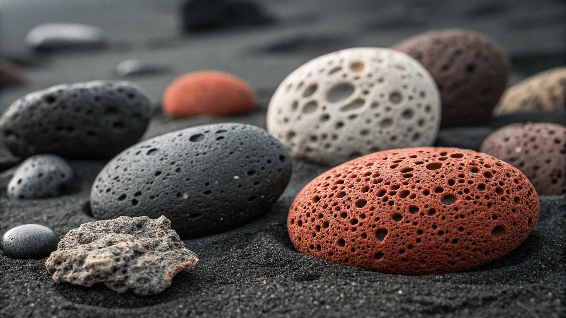 Various volcanic stones including obsidian, pumice, scoria, and basalt displayed on black sand showing diverse textures and colors.