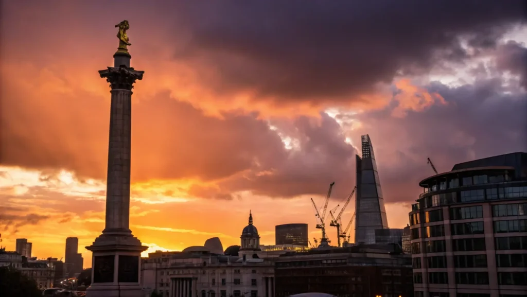 Sunset photograph of the Monument silhouetted against orange and purple sky with its golden urn catching the last sunlight while modern London buildings appear in background.