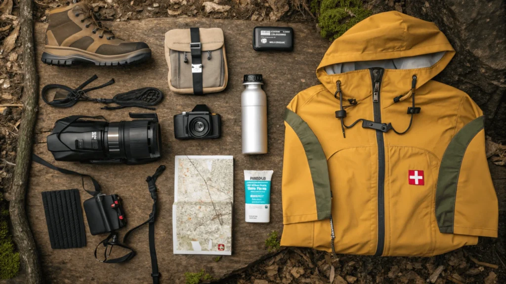 Flatlay arrangement of hiking essentials for Honey Run Waterfall including waterproof boots, water bottle, trail map, first aid kit, camera, rain jacket, energy bars, and insect repellent.