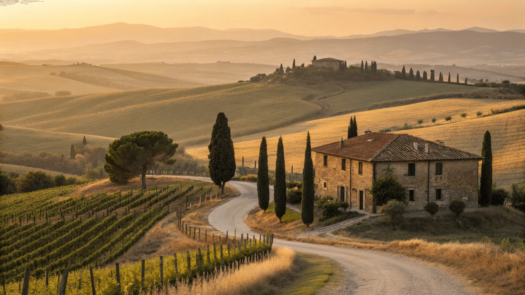 Golden sunset over rolling Tuscan hills with cypress trees, vineyards, and stone farmhouse
