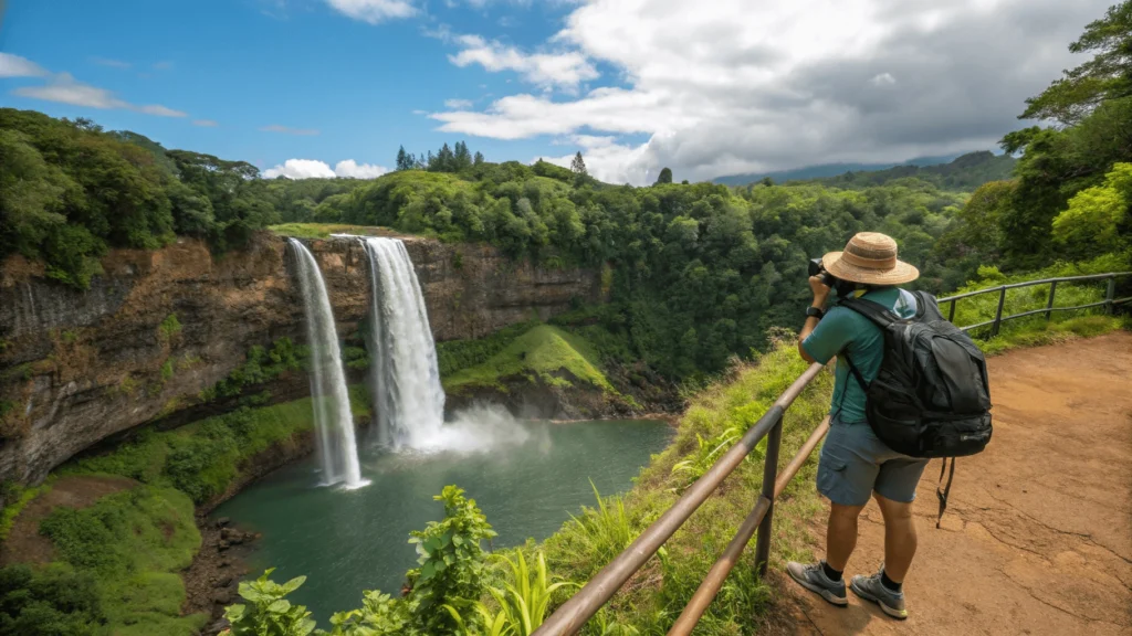 Visitors demonstrating proper etiquette at Wailua Falls viewpoint, showing respectful behavior and appropriate preparation
