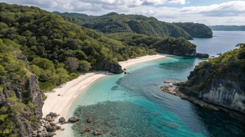 Secluded cove with white sand and cliffs on Tinuse Island, Basilan.