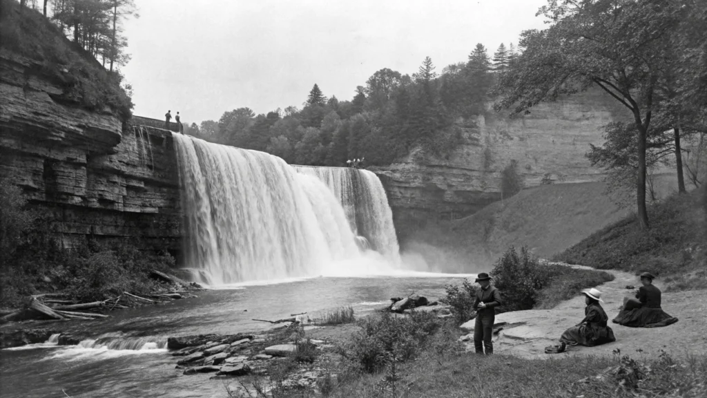 Historical-style black and white photograph showing Honey Run Waterfall in early 1900s with visitors in period clothing near the pristine falls before trail development.