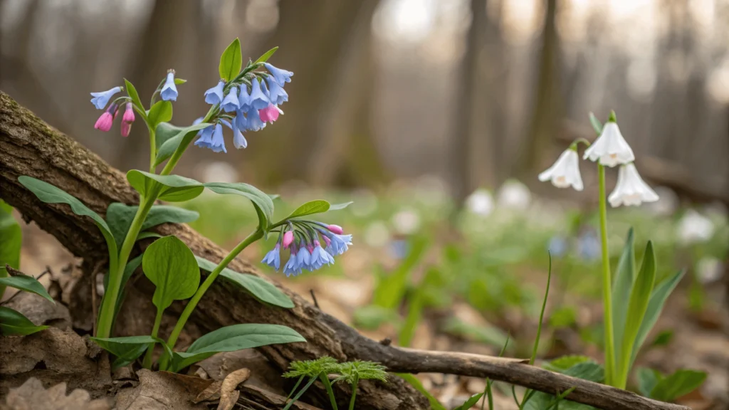 Macro photograph of spring wildflowers at Honey Run gorge, featuring Virginia bluebells with bell-shaped blue flowers and pink buds, white trillium, and unfurling fern fiddleheads.