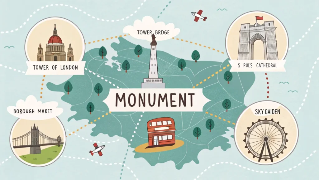 Illustrated map showing the Monument at center with nearby London attractions including Tower Bridge, Tower of London, St. Paul's Cathedral, Borough Market, and Sky Garden with walking times indicated.