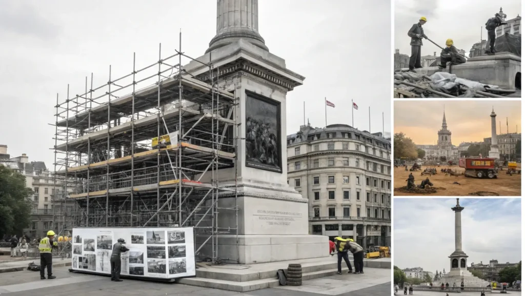 Montage showing the Monument during construction with scaffolding, after completion, with added safety cage, during WWII, and modern restoration work.