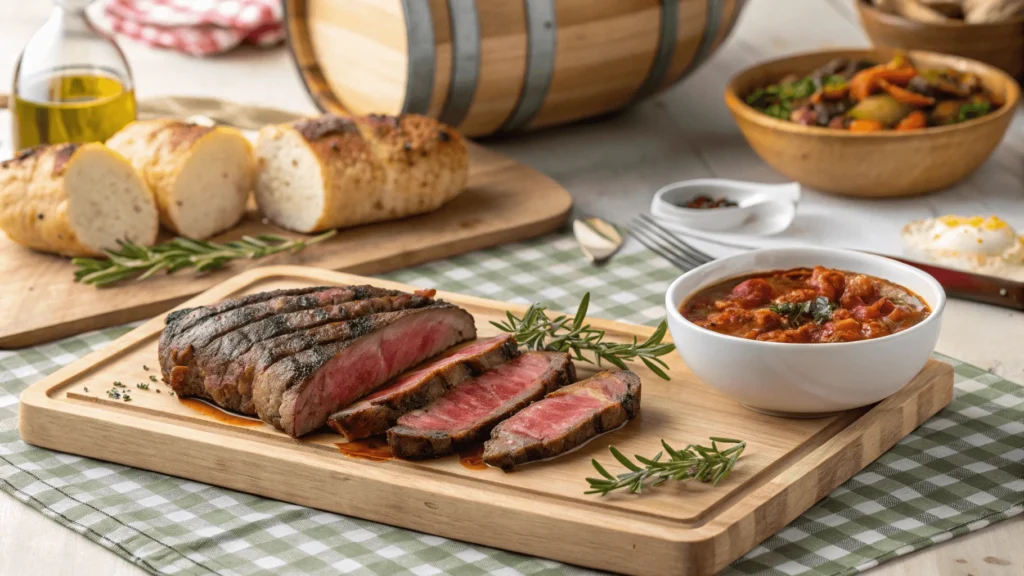 Tuscan food display with bistecca Fiorentina steak, Chianti wine, bread with olive oil, ribollita soup, and pecorino cheese