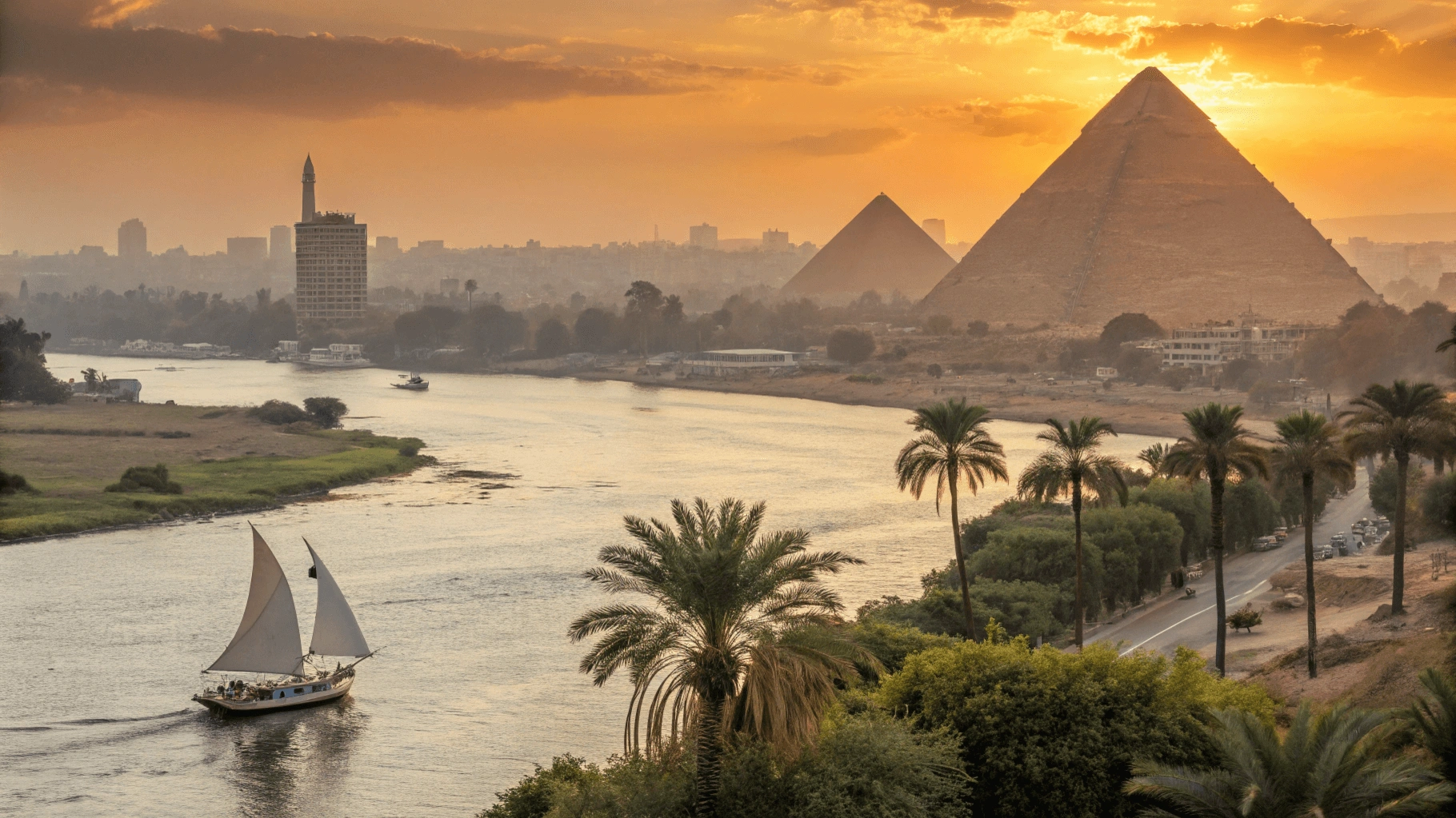 Panoramic view of Egypt showing the Giza pyramids at sunset with the Nile River and a traditional felucca sailboat in the foreground.