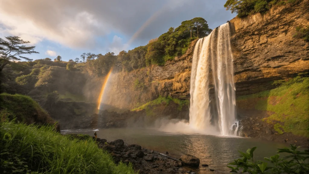 Wailua Falls shown at different times of day and conditions, featuring rainbow formation and photographer techniques