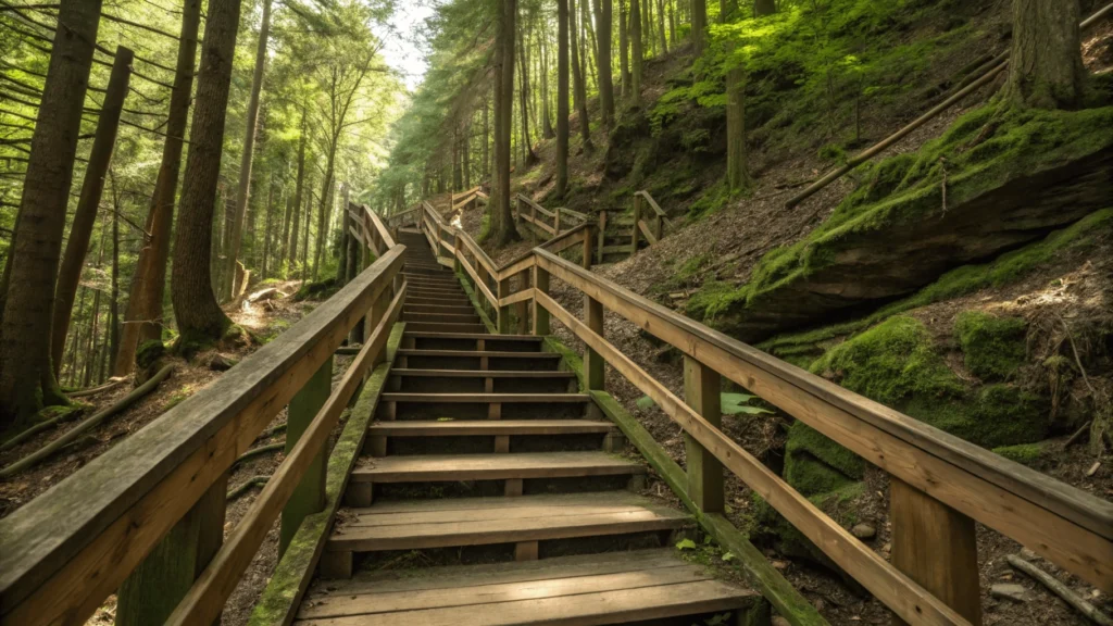 Wooden staircase descending into Honey Run gorge, with handrails and zigzagging steps through a hemlock forest.