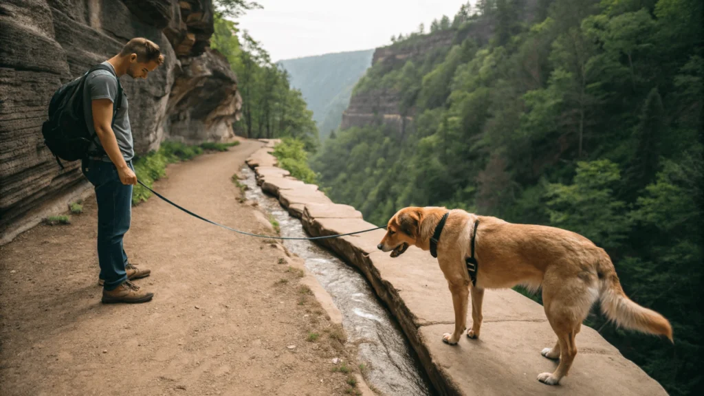 Hiker with a leashed dog on the Honey Run Falls trail, showing appropriate trail width and responsible pet ownership.