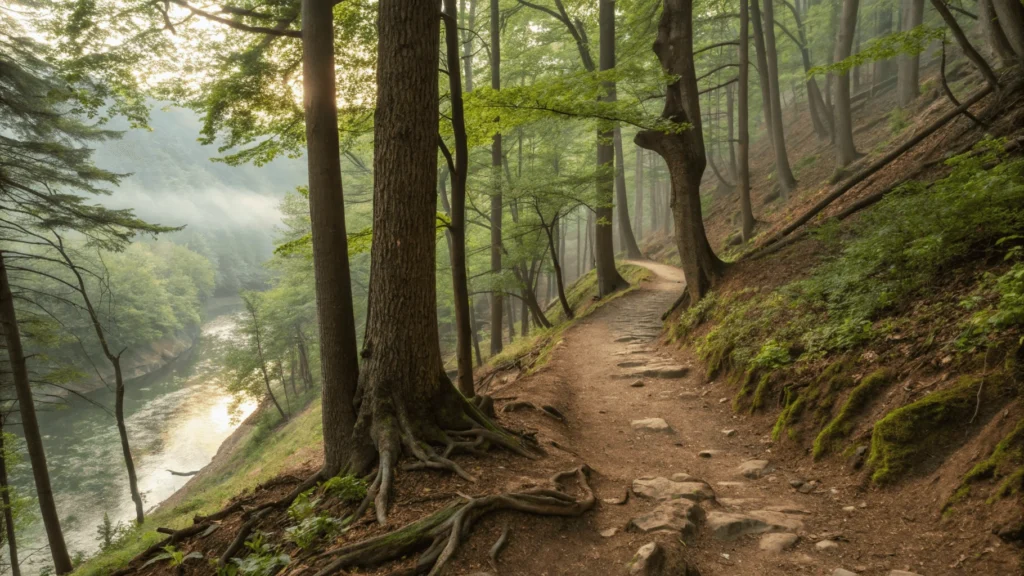 Natural dirt path of the Honey Run loop trail winding through a mature hardwood forest with dappled sunlight and glimpses of the Kokosing River valley.