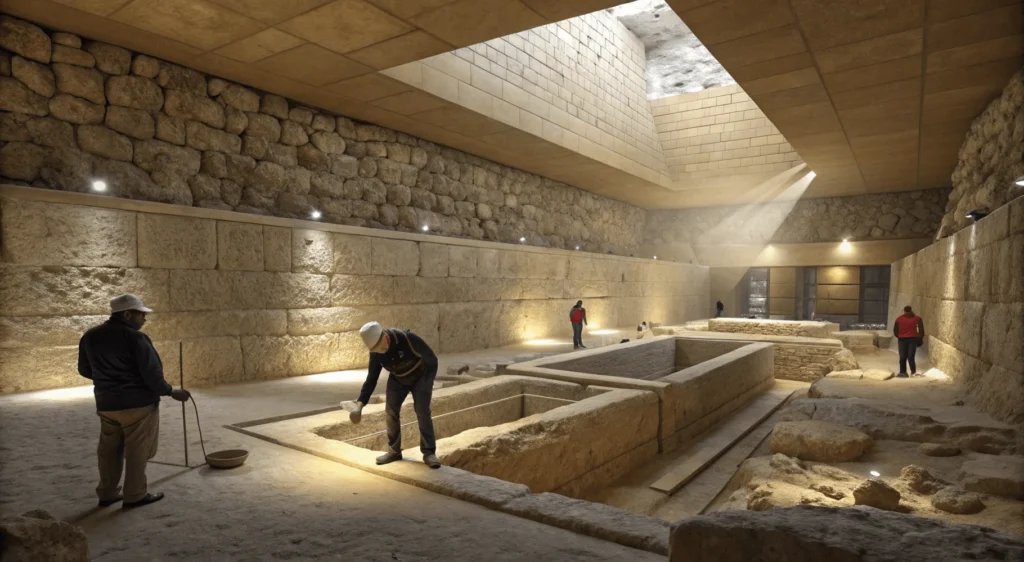 Split image showing pharaoh's soul ascending from pyramid toward stars and priests performing offering rituals at mortuary temple