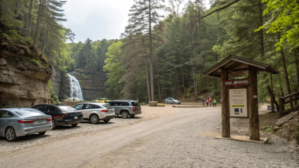 Gravel parking area at Honey Run Waterfall with cars parked, wooden trailhead sign, and path entrance visible.