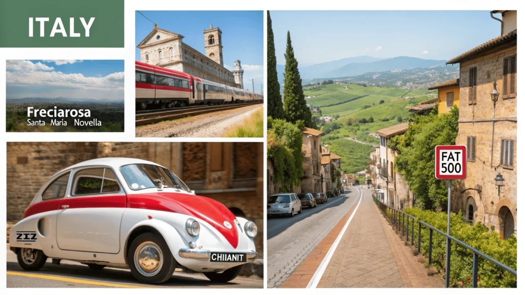 Travel collage showing high-speed train, car on medieval street, winding road through vineyards, and train ticket