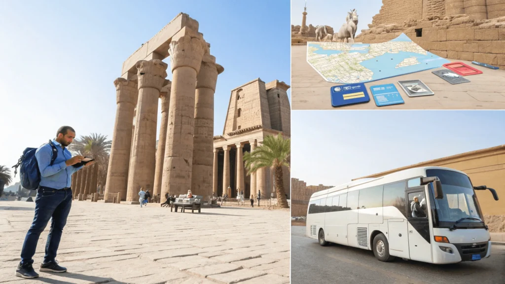 Practical travel guide visual showing tourist with map at Luxor Temple, Egyptian currency, water bottle and sunscreen, transportation options, e-visa on smartphone, and properly dressed tourist with guide.