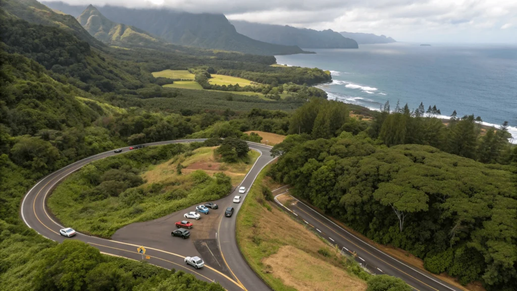 Series of images showing the route to Wailua Falls, including Ma'alo Road, the parking area, and approach views