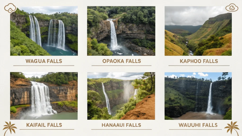 Comparison grid showing six major Kauai waterfalls side by side with accessibility indicators