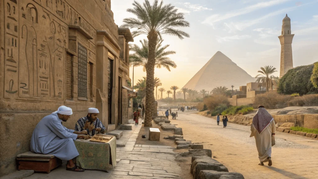 Cultural collage comparing ancient and modern Egyptian daily life, showing farming, scribes, traditional cooking, modern dining, coffeehouses, and street scenes.