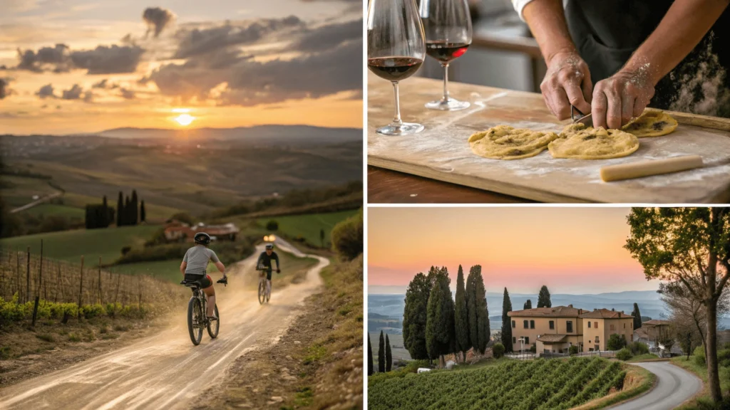 Montage of hands making pasta, wine tasting at sunset, cyclists on cypress-lined road, and visitors at Uffizi Gallery