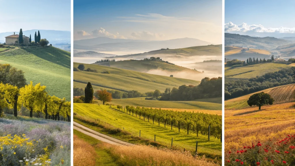 Four-season view of the same Val d'Orcia landscape showing seasonal changes throughout the year