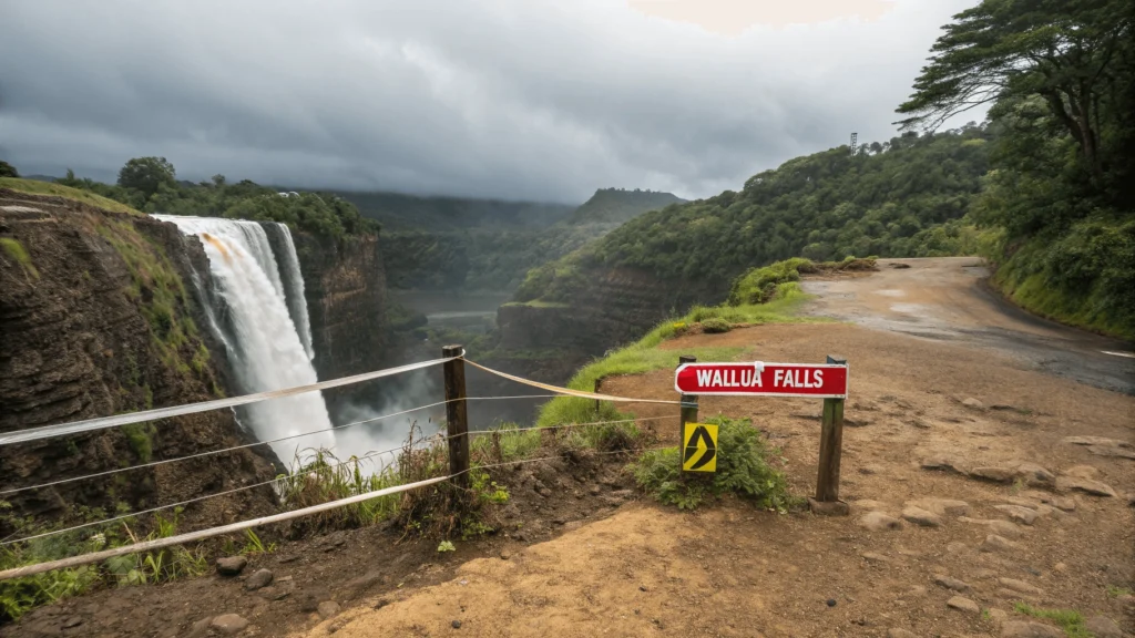Warning signs and dangerous cliff terrain at Wailua Falls showing prohibited areas and safety hazards