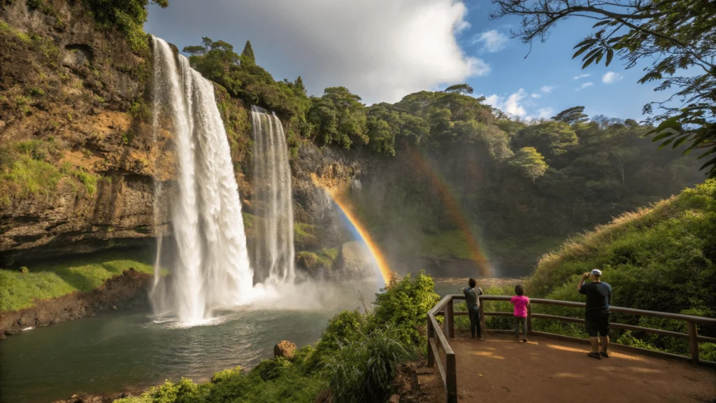 Four-panel image showing different experiences at Wailua Falls including rainbows, easy access viewpoint, cultural significance, and Fantasy Island connection