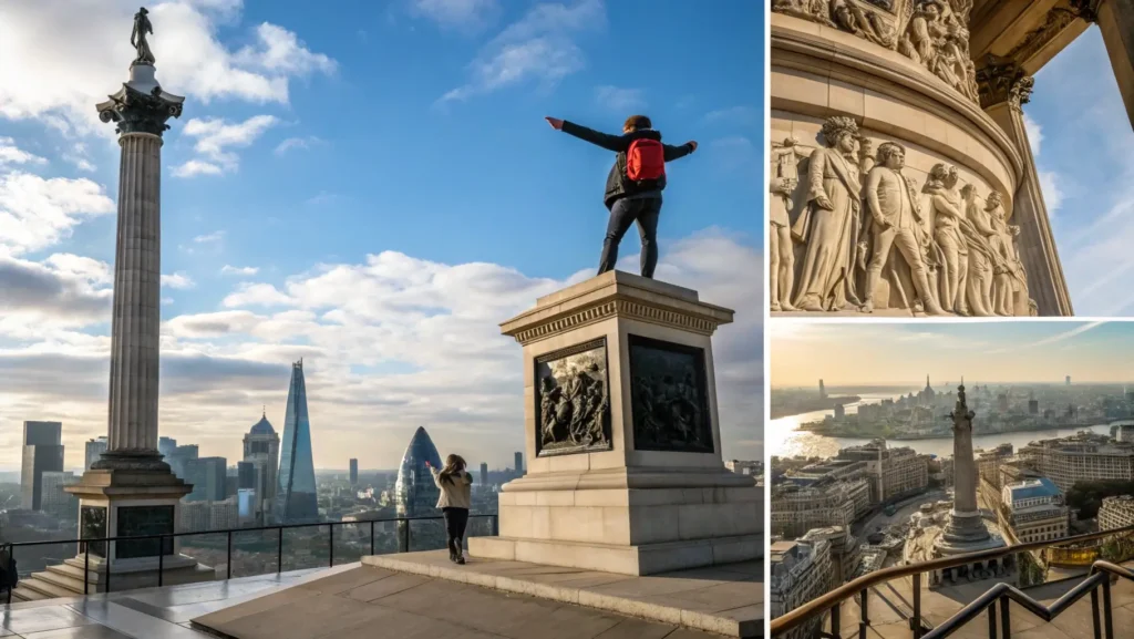 Four-panel image showing Monument viewing platform, historical carvings, London skyline view, and architectural details.