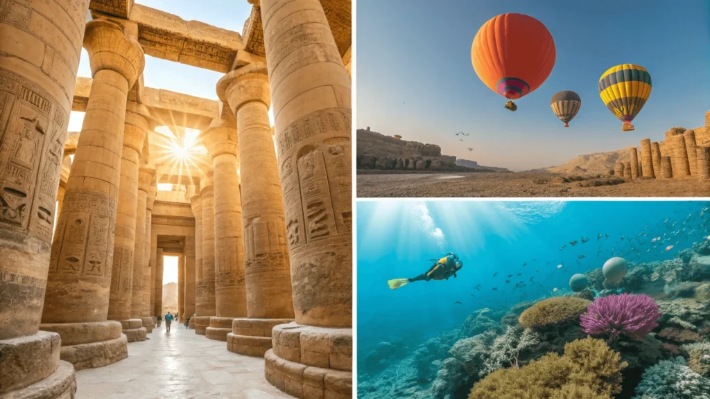 Four-part image showing Karnak Temple's hypostyle hall, hot air balloons over the Valley of the Kings, Red Sea coral reef diving, and Khan el-Khalili market in Cairo.