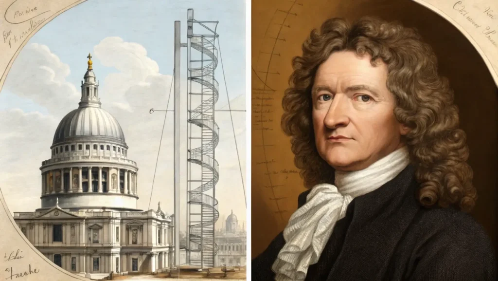Split portrait of Sir Christopher Wren and Robert Hooke in 17th-century attire with architectural drawing of the Monument between them.