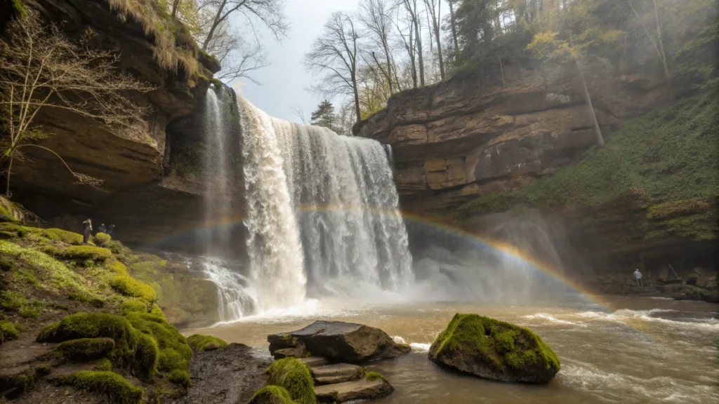 The main 25-foot Honey Run Waterfall during spring high flow, showing water cascading across the full sandstone ledge with people visible for scale.